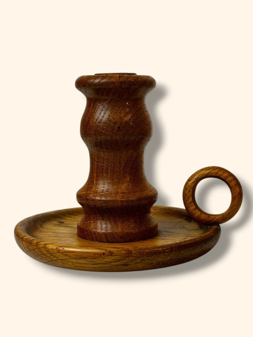 Handcrafted Wooden Chamberstick Candle Holder With Handle - Rustic Oak Design